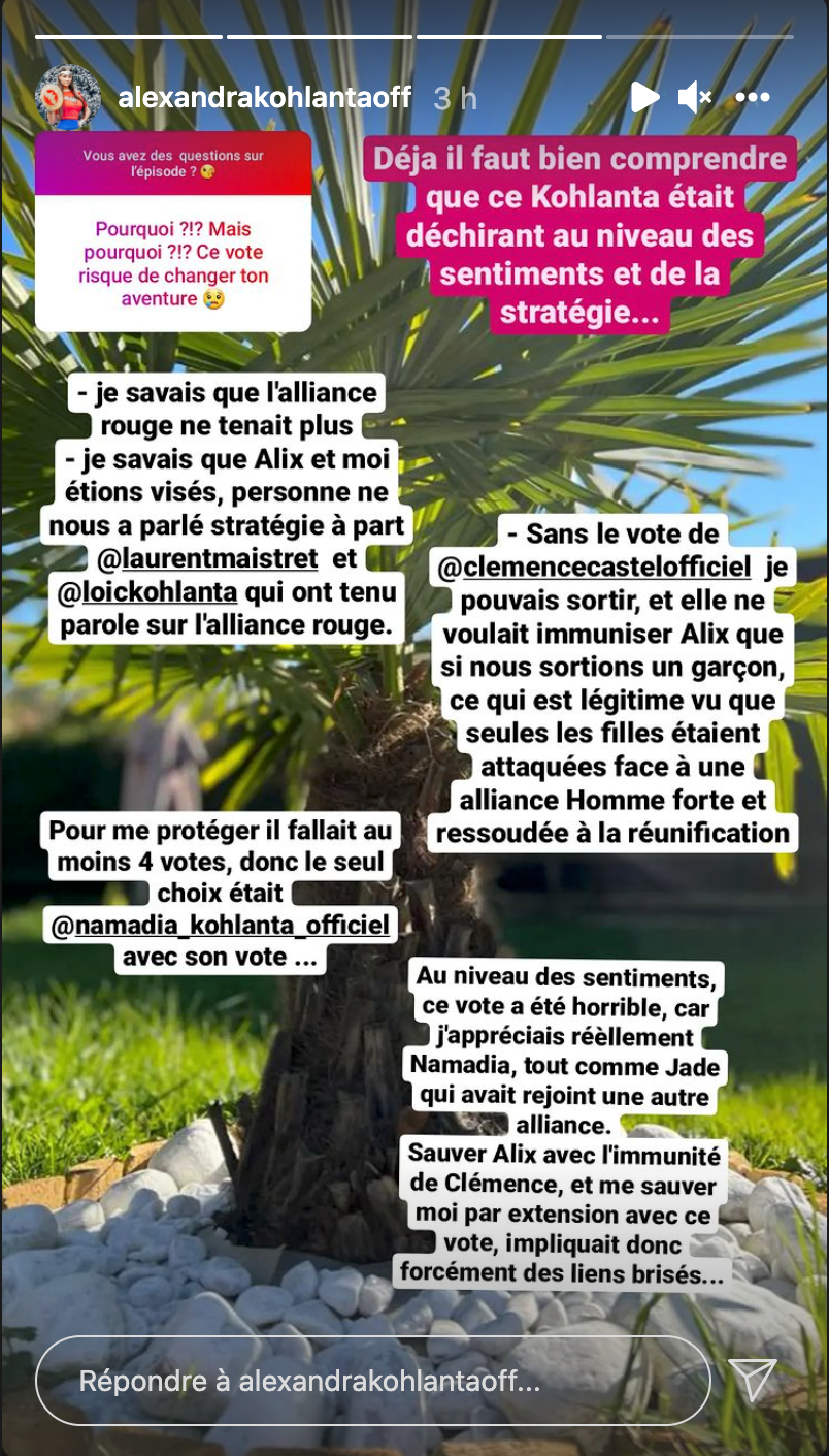 Alexandra revient sur son vote contre Namadia @Instagram Alexandra revient sur son vote contre Namadia @Instagram
