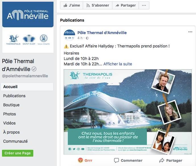  Capture écran du compte Facebook du Pôle Thermal d'Amnéville