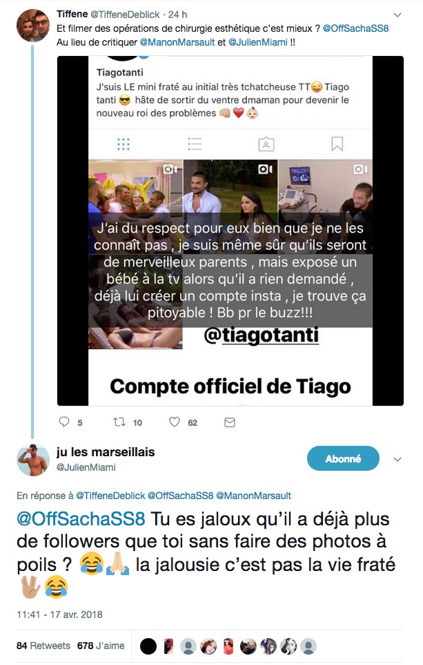 Sacha Buyse clashe Julien Tanti et Manon Marsault sur la création de la page Instagram de leur bébé