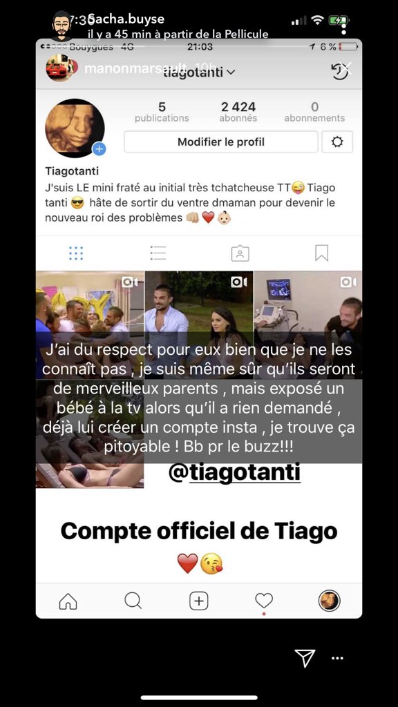 Sacha Buyse clashe Julien Tanti et Manon Marsault sur la création de la page Instagram de leur bébé