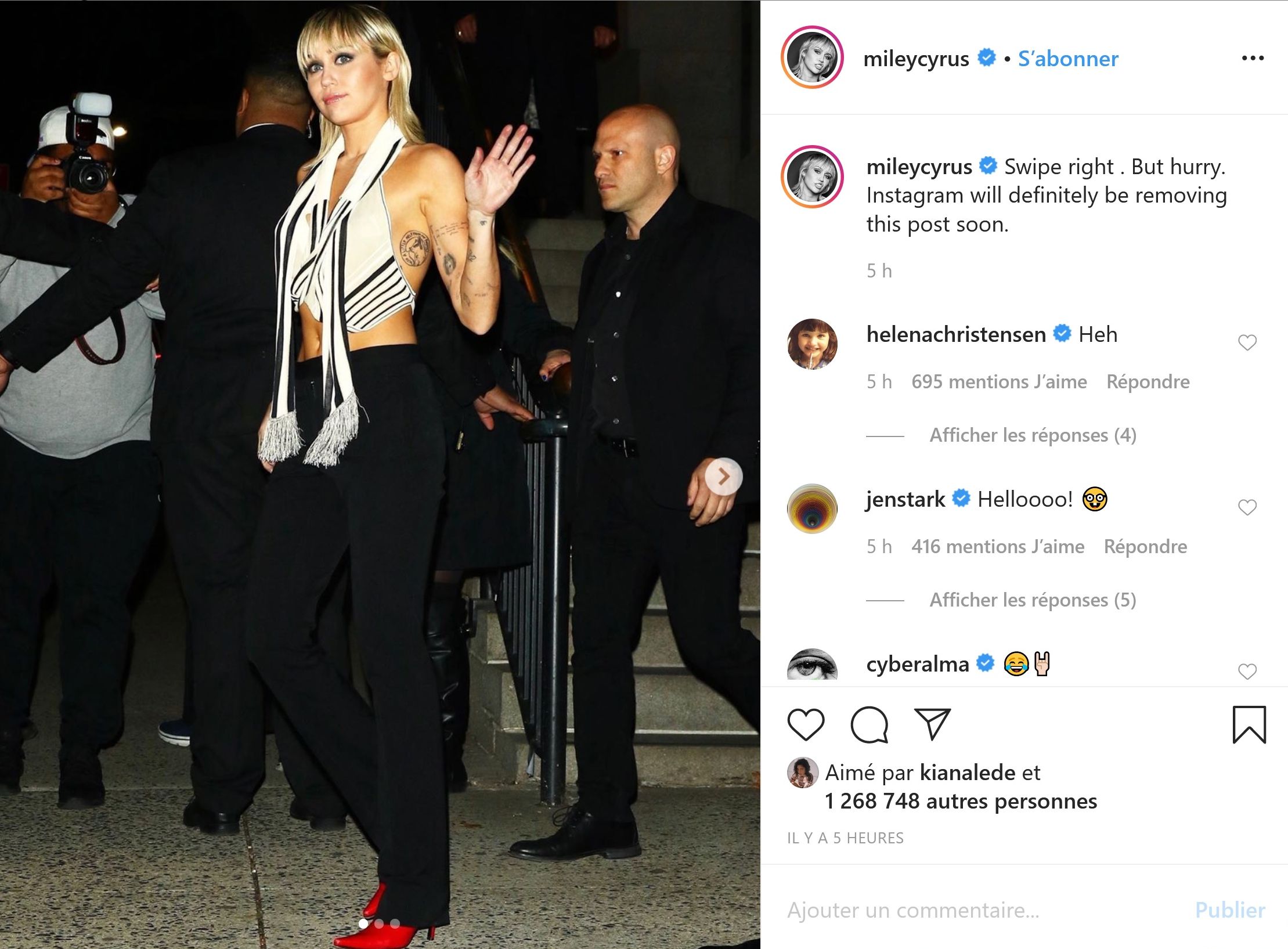 Miley Cyrus dévoile malencontreusement un téton et s’en amuse sur Instagram !