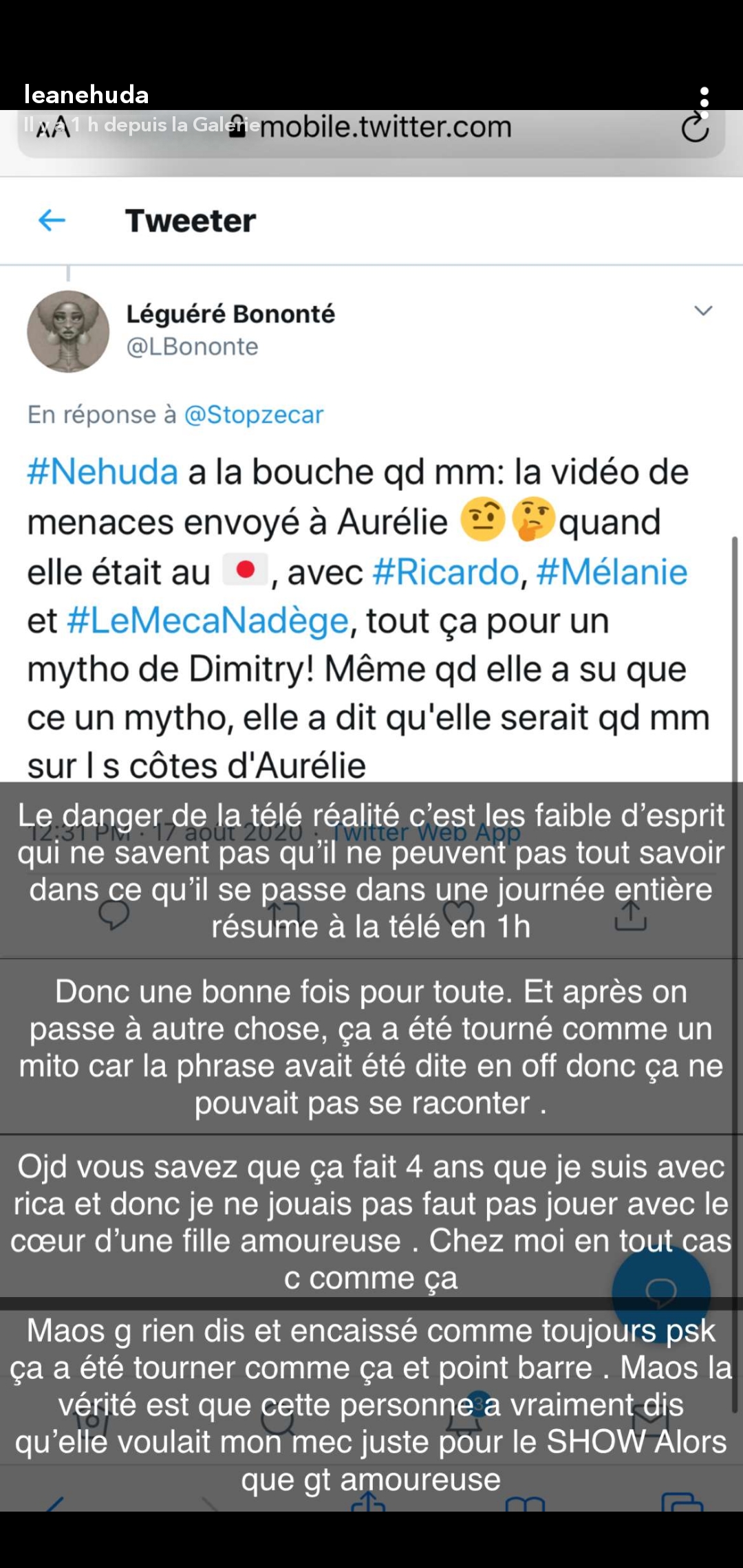 Une internaute tacle Ricardo Pinto, Nehuda s'emporte et se dit victime de harcèlement !