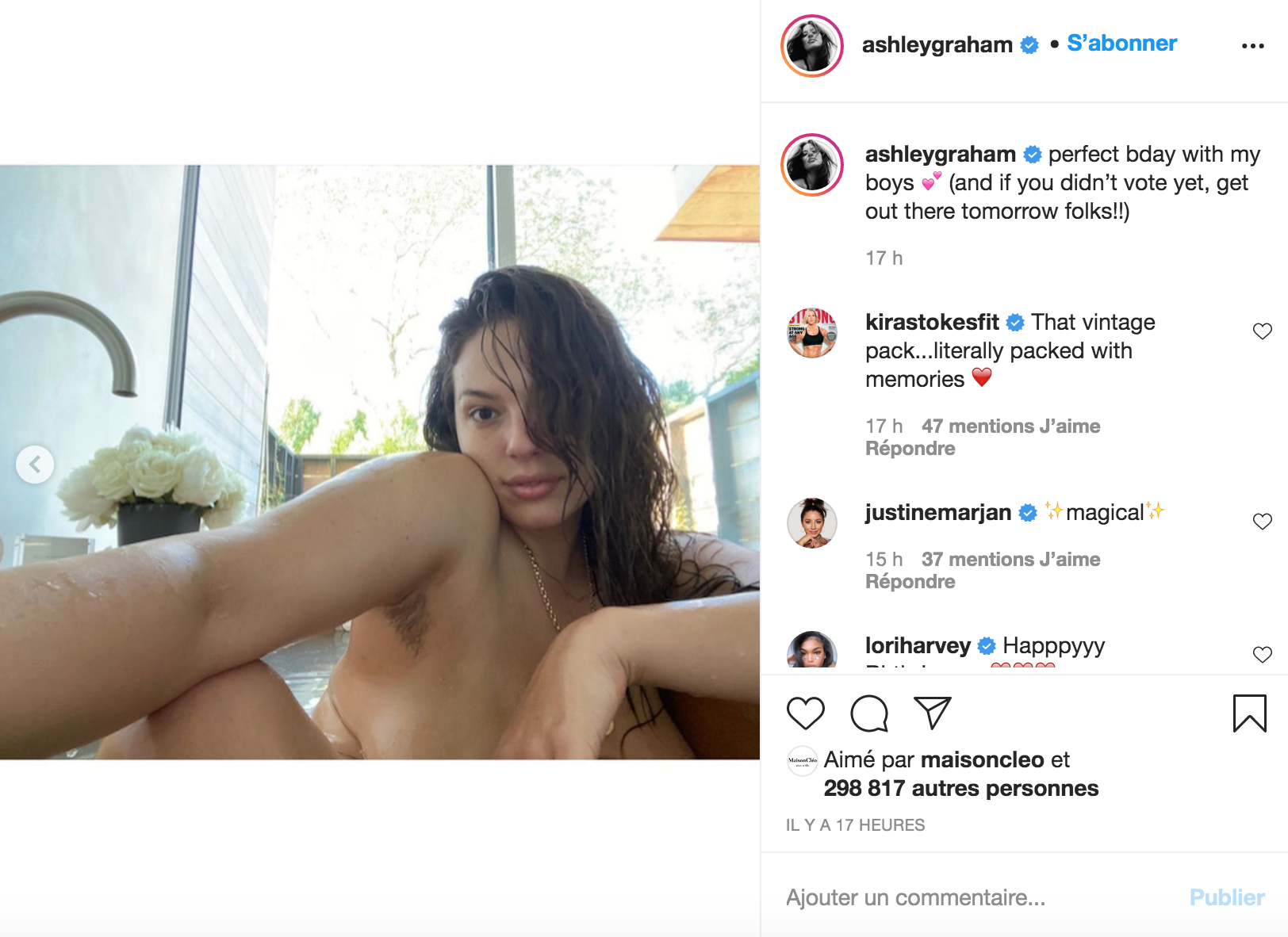 Ashley Graham : nue dans son bain, elle assume pleinement ses poils sous les aisselles