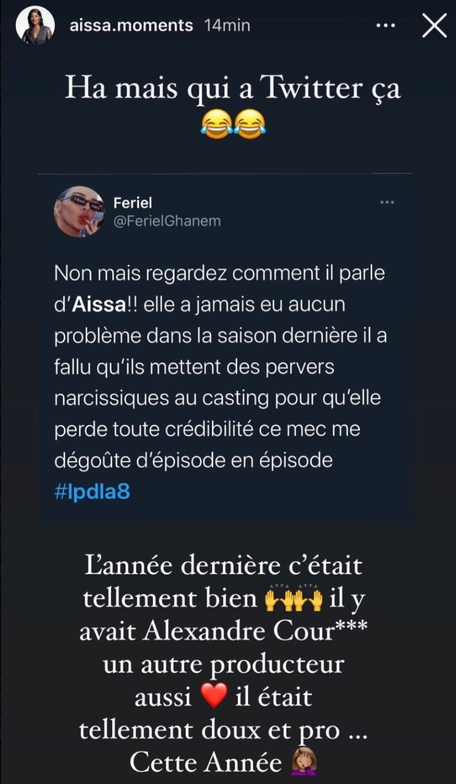  Aïssa lance une pique à la production de LPDLA8 @Instagram