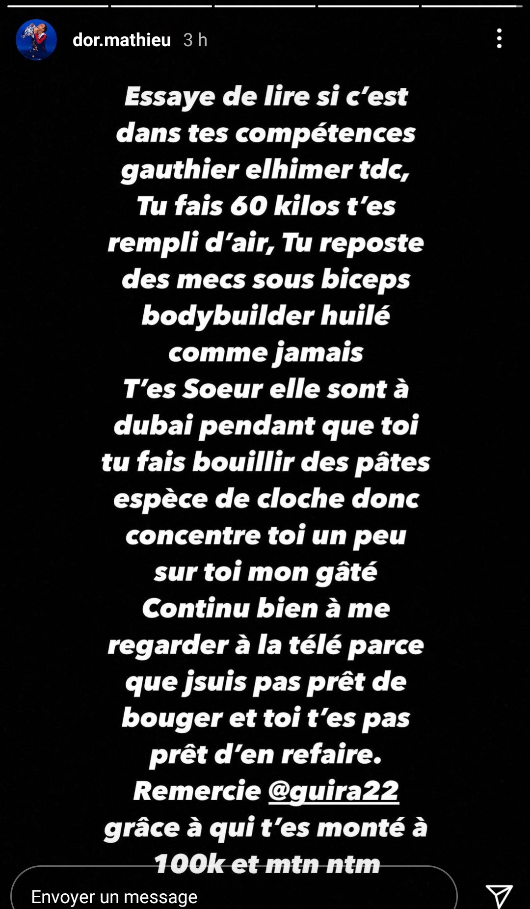 Gauthier El Himer tacle un candidat de LPDLA8 qui réplique violemment : "Remercie Julien Guirado grâce à qui t'es monté à 100k"