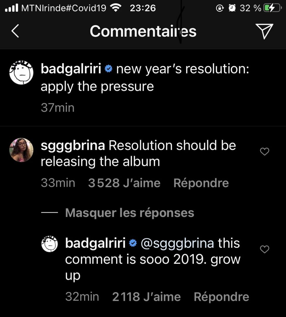  Rihanna recadre une fan au sujet de son prochain album @Instagram