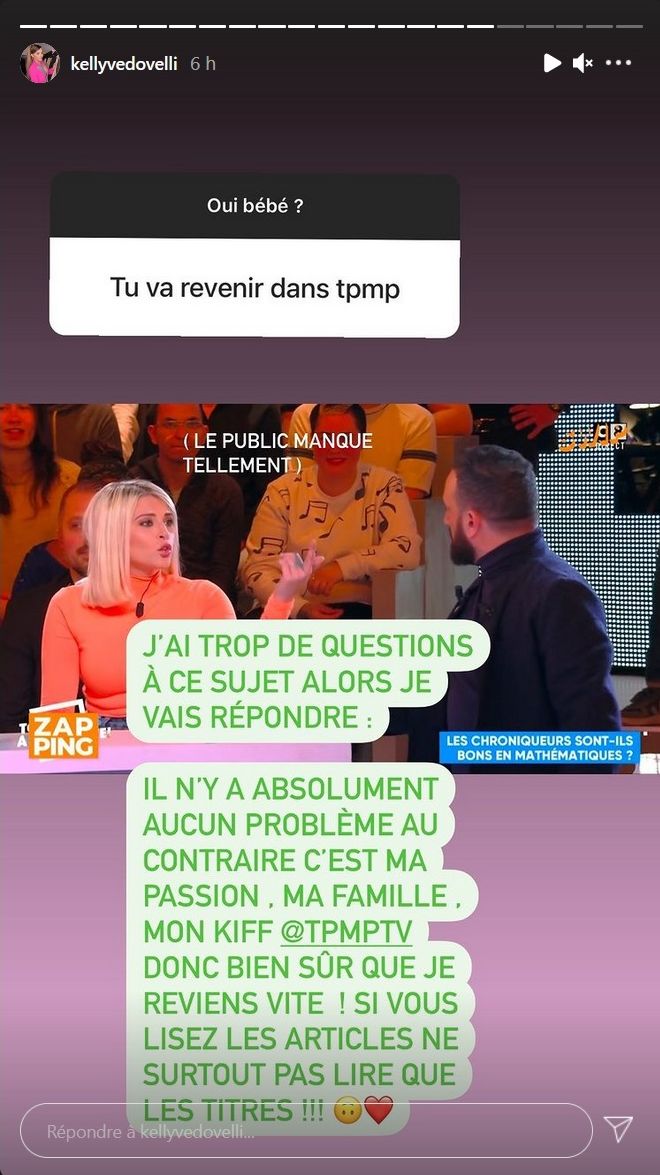 Kelly Vedovelli absente de TPMP : A-t-elle été exclue du programme ? Elle répond !