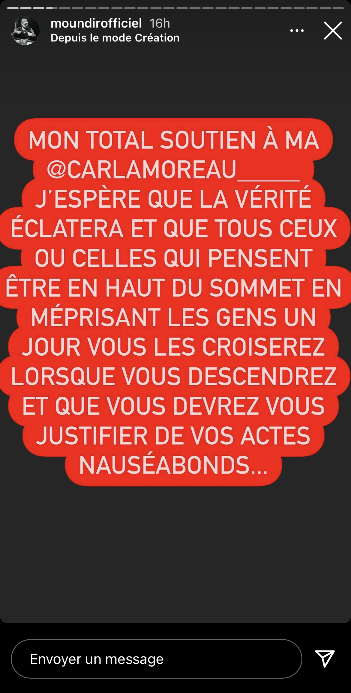 Moundir défend Carla Moreau en story @ Instagram Moundir défend Carla Moreau en story @ Instagram