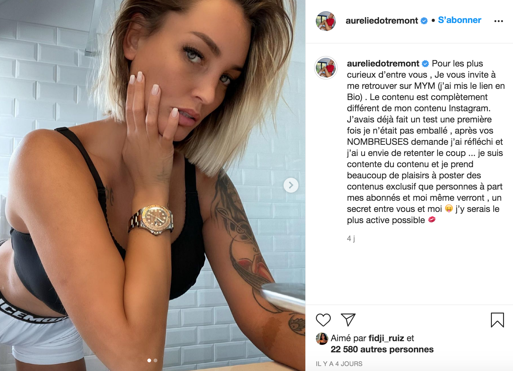  Aurélie Dotremont annonce son lancement sur MYM et s'attire les foudres de ses abonnés @ Instagram