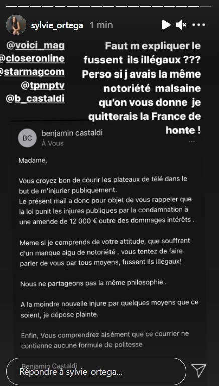  Sylvie Ortega Munos dévoile le message de Benjamin Castaldi @Instagram