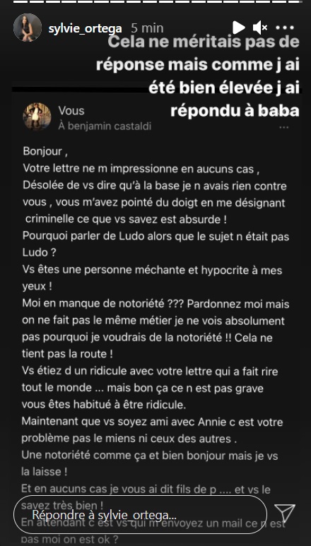  Sylvie Ortega Munos dévoile le message de Benjamin Castaldi @Instagram