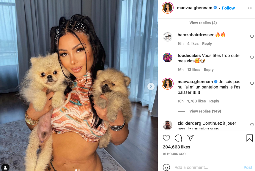 Maeva Ghennam sans culotte sur Instagram avec ses chiens ? Elle s'explique