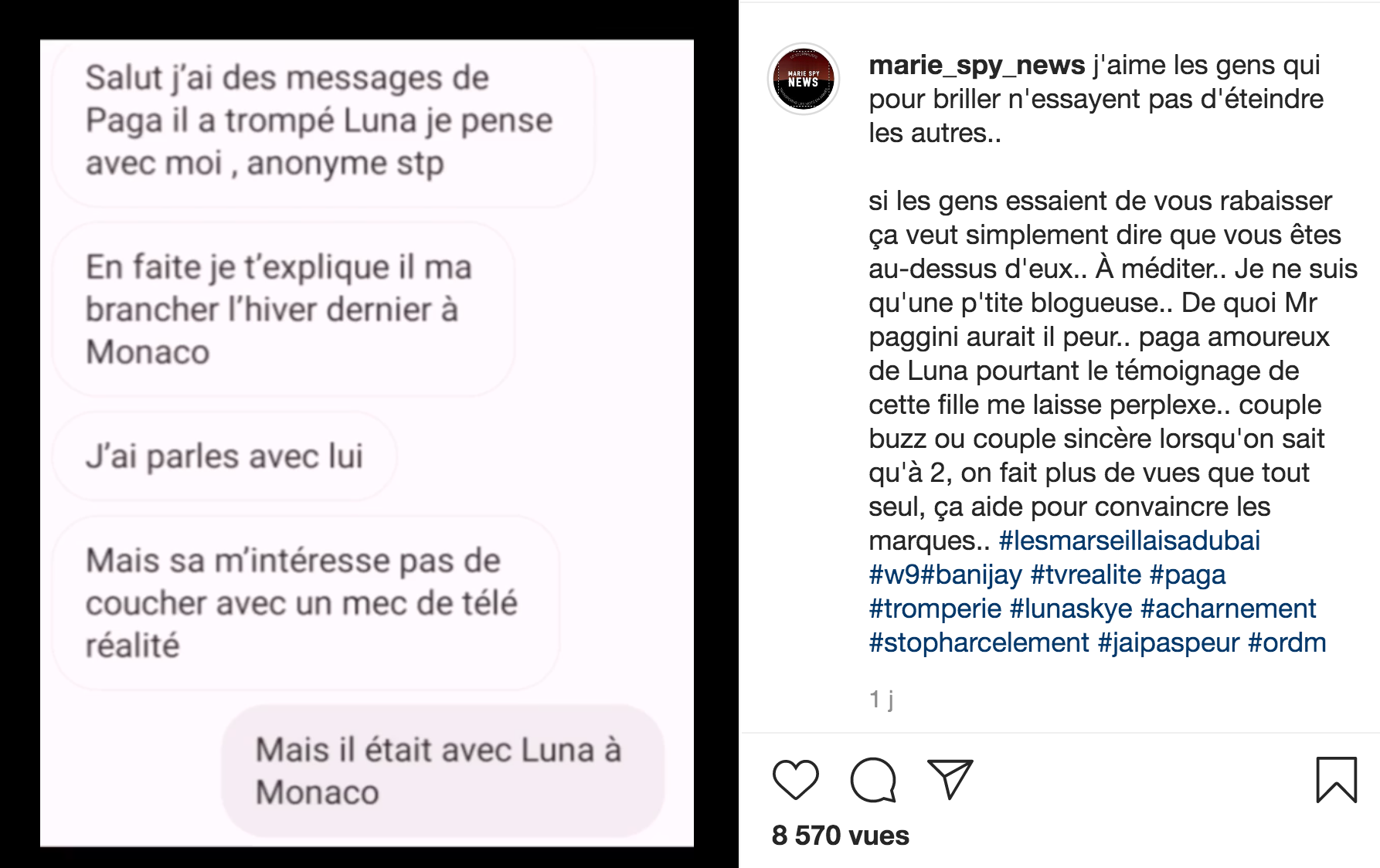  Paga infidèle envers Luna ? Une inconnue témoigne @ Instagram