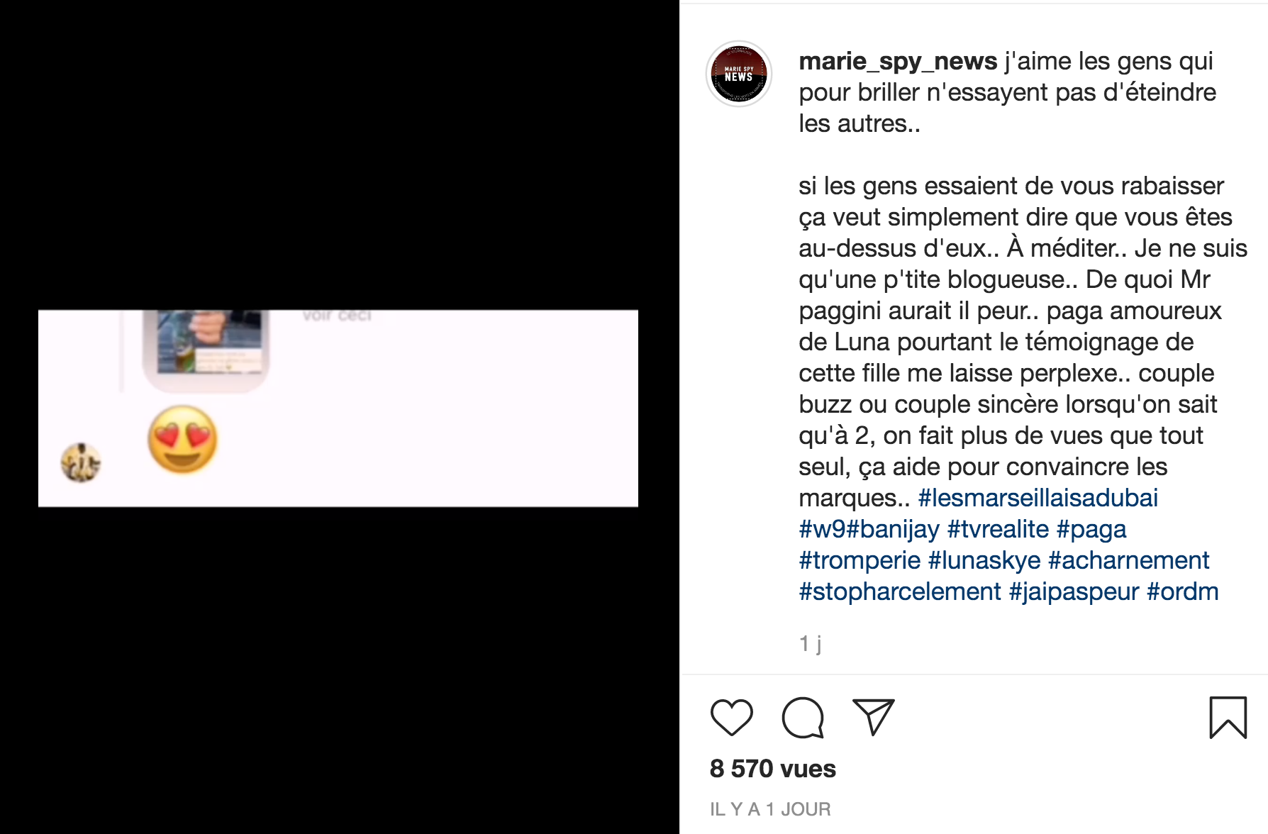  Paga infidèle envers Luna ? Une inconnue témoigne @ Instagram