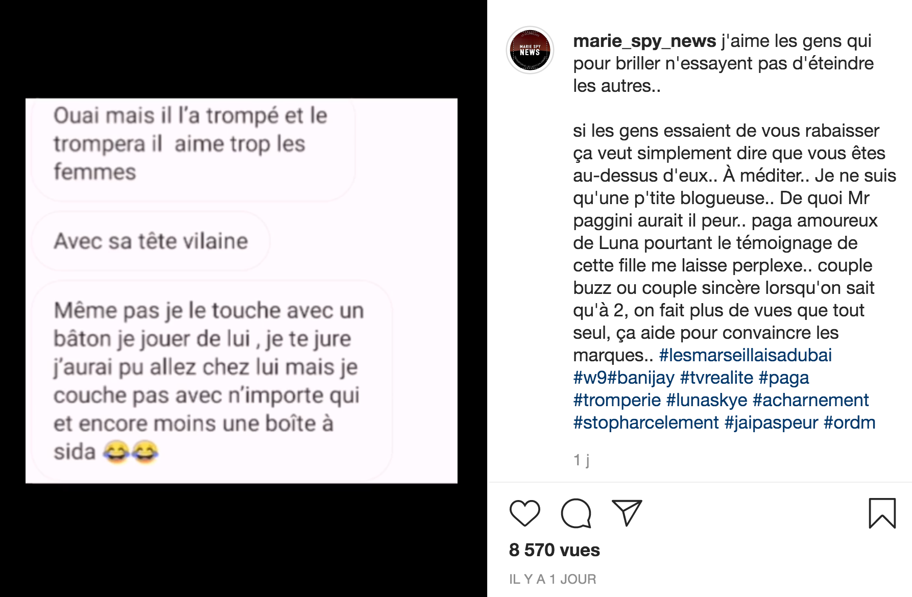  Paga infidèle envers Luna ? Une inconnue témoigne @ Instagram