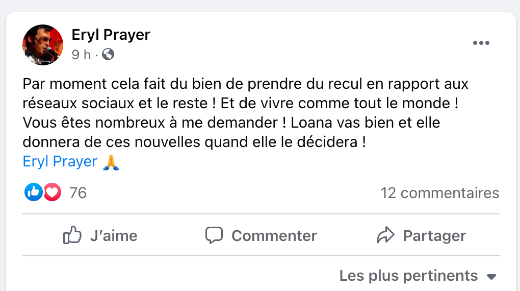  Eryl Prayer donne des nouvelles de Loana @Facebook