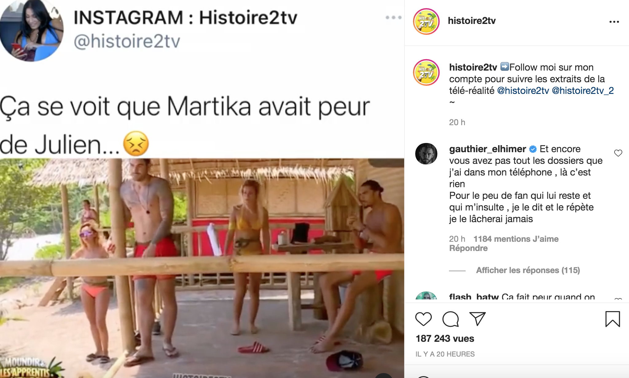  Une ancienne séquence de Martika Caringella et Julien Guirado fait réagir Gauthier El Himer @ Instagram