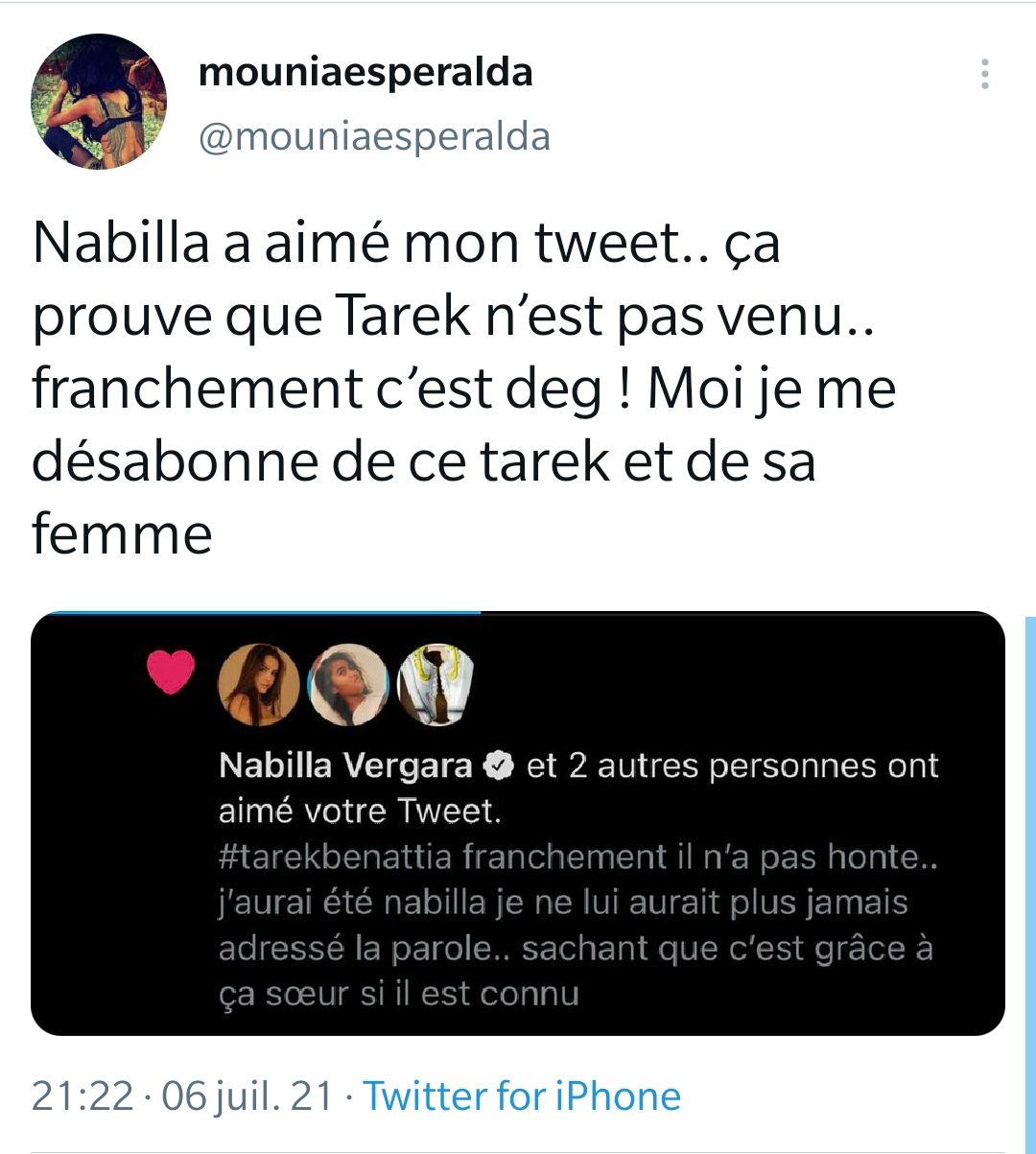  Le tweet aimé par Nabilla qui tacle Tarek @Twitter