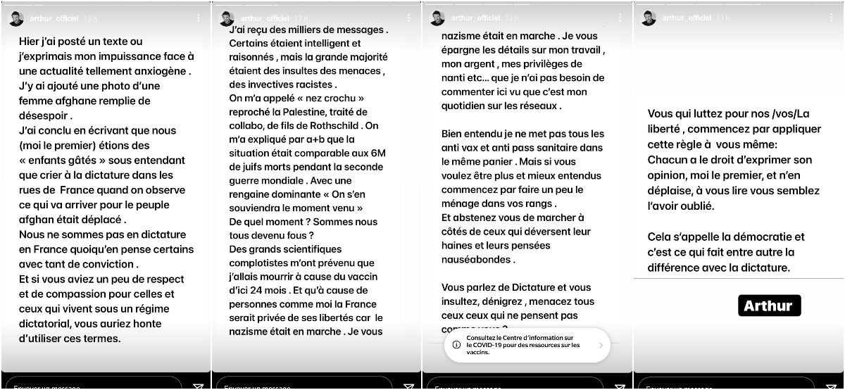 Arthur pris à partie à cause d’un post Instagram : Il balance les insultes et menaces reçues