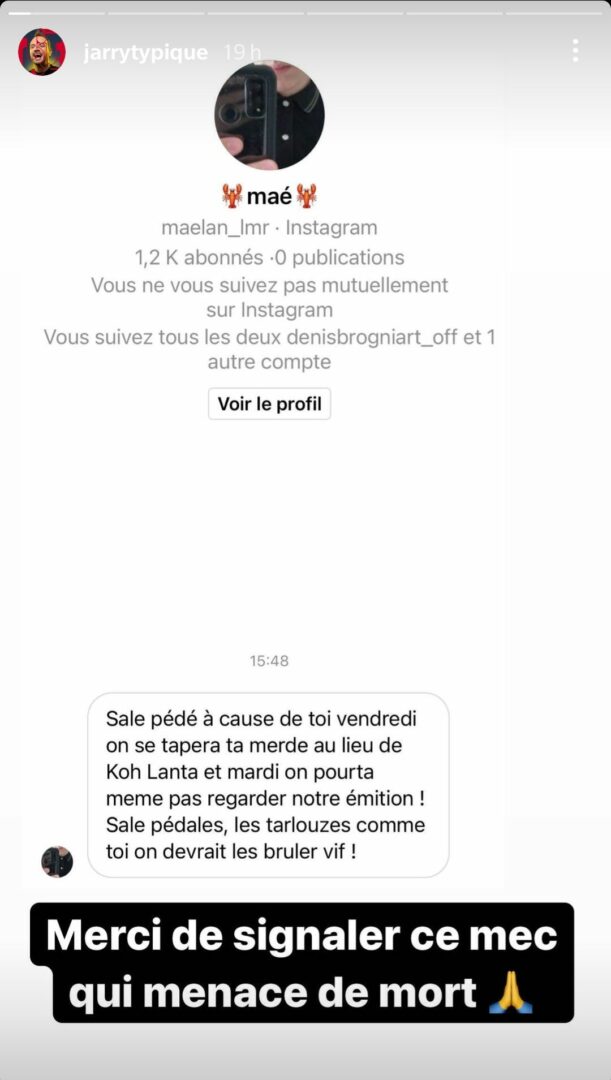  Jarry partage le message homophobe d'un internaute @Instagram