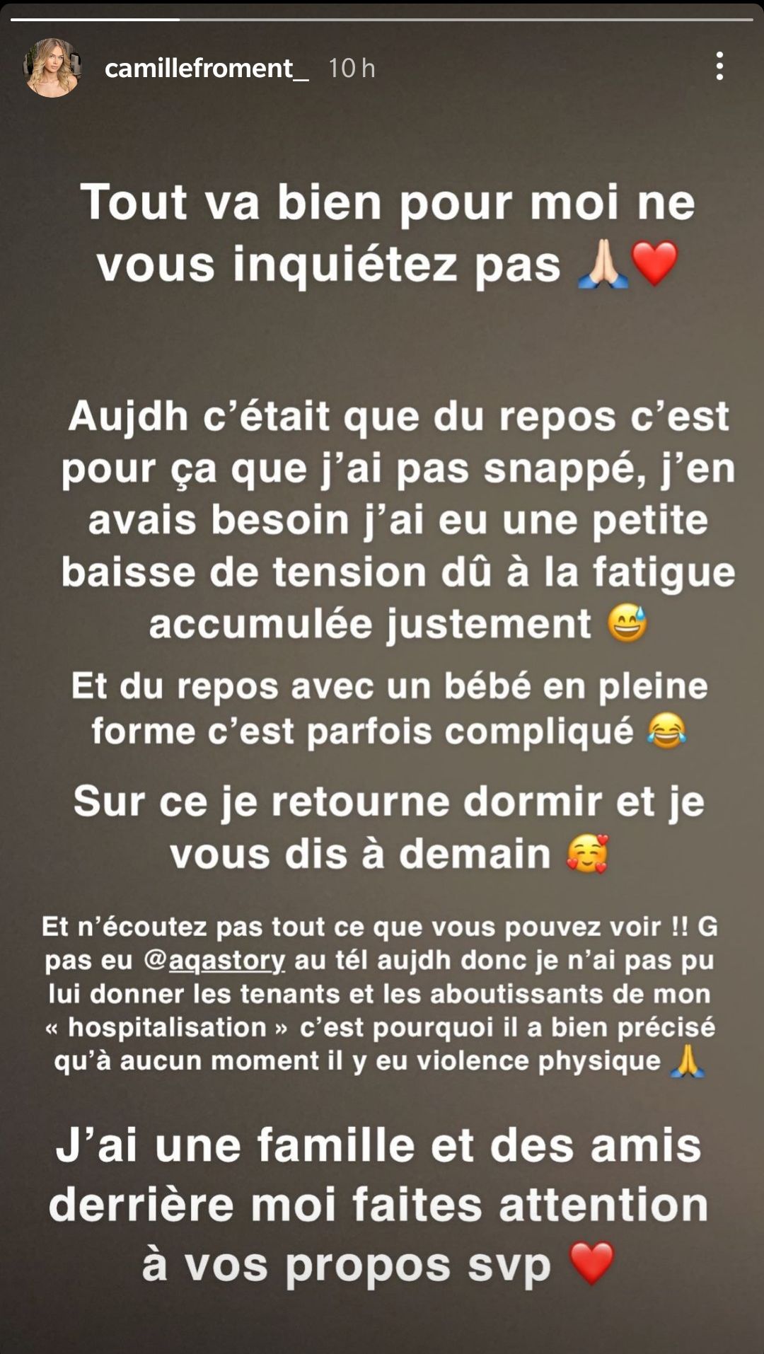  Aqababe évoque la santé de Camille Froment @Instagram