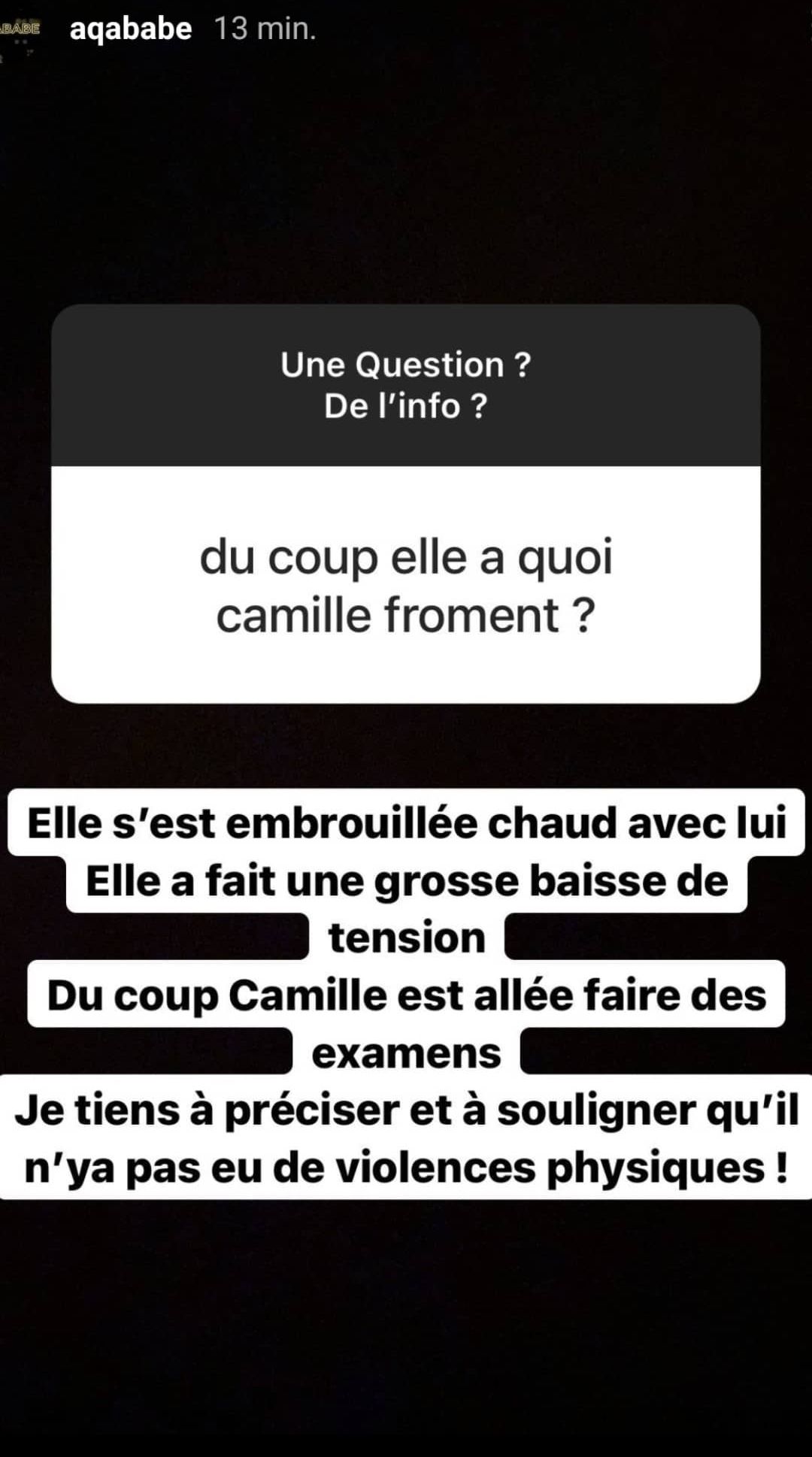  Aqababe évoque la santé de Camille Froment @Instagram