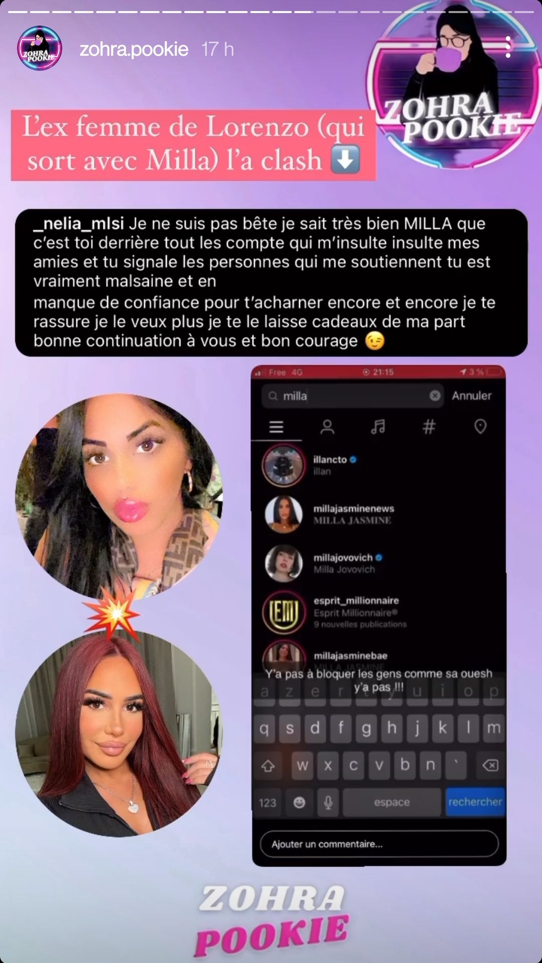  L'ex de Lorenzo tacle Milla Jasmine, l'accusant de la critiquer sur la toile @Instagram