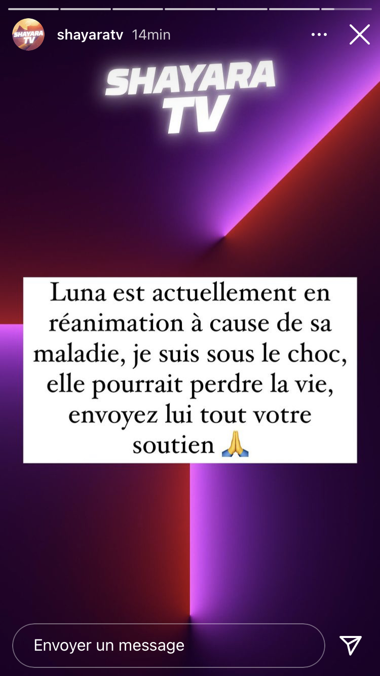  La story de ShayaraTV pour annoncer l'hospitalisation de Luna Skye @Instagram