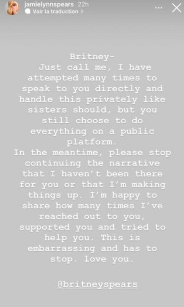  La déclaration de Jamie Lynn @Instagram