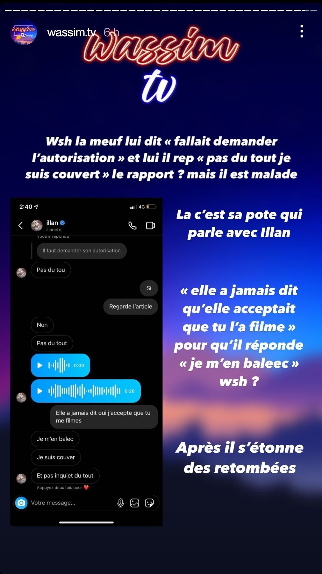  Illan assume d'avoir filmé sa conquête durant leur rapport à son insu @Instagram