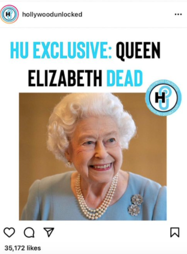  Le site Hollywood Unlocked annonce la mort de la reine @Instagram