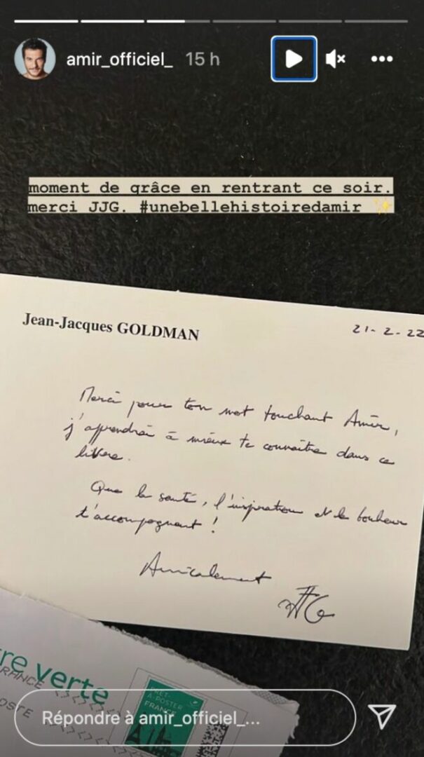  Lettre de Jean-Jacques Goldman au chanteur Amir à l'occasion de la sortie de son autobiographie.