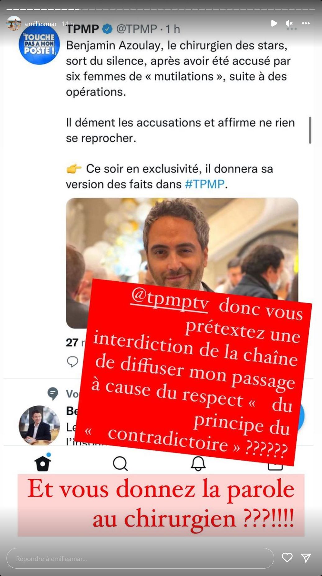 Emilie Amar confirme ne pas avoir payé son intervention malgré les propos de Benjamin Azoulay sur TPMP @Instagram