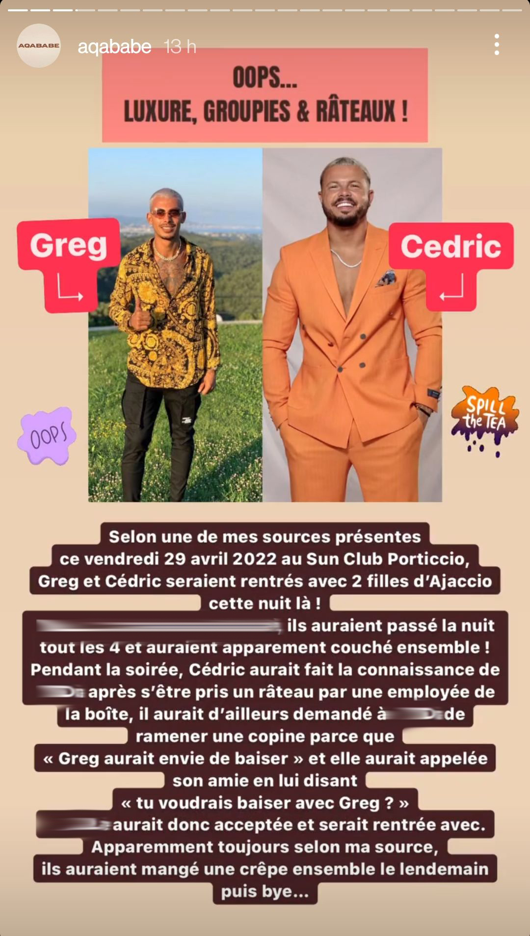  Aqababe balance sur la soirée de Greg Yega et Cédric @Instagram