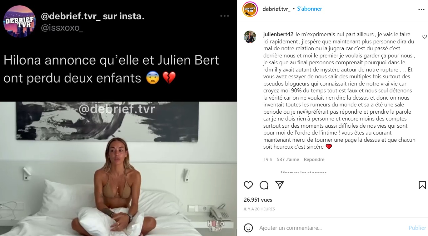 Hilona Gos victime de deux fausses couches : Julien Bert réagit pour la première fois