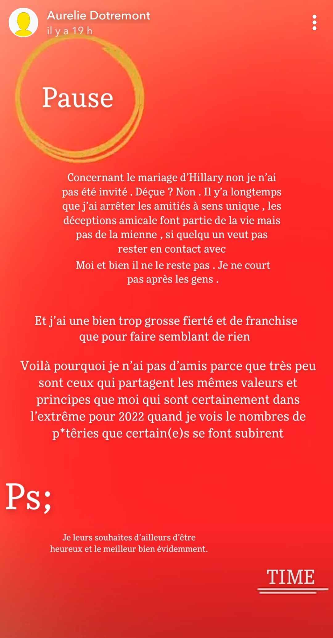  Aurélie Dotremont pas invitée au mariage d'Hillary : "J'ai arrêté les amitiés à sens unique" @Snapchat