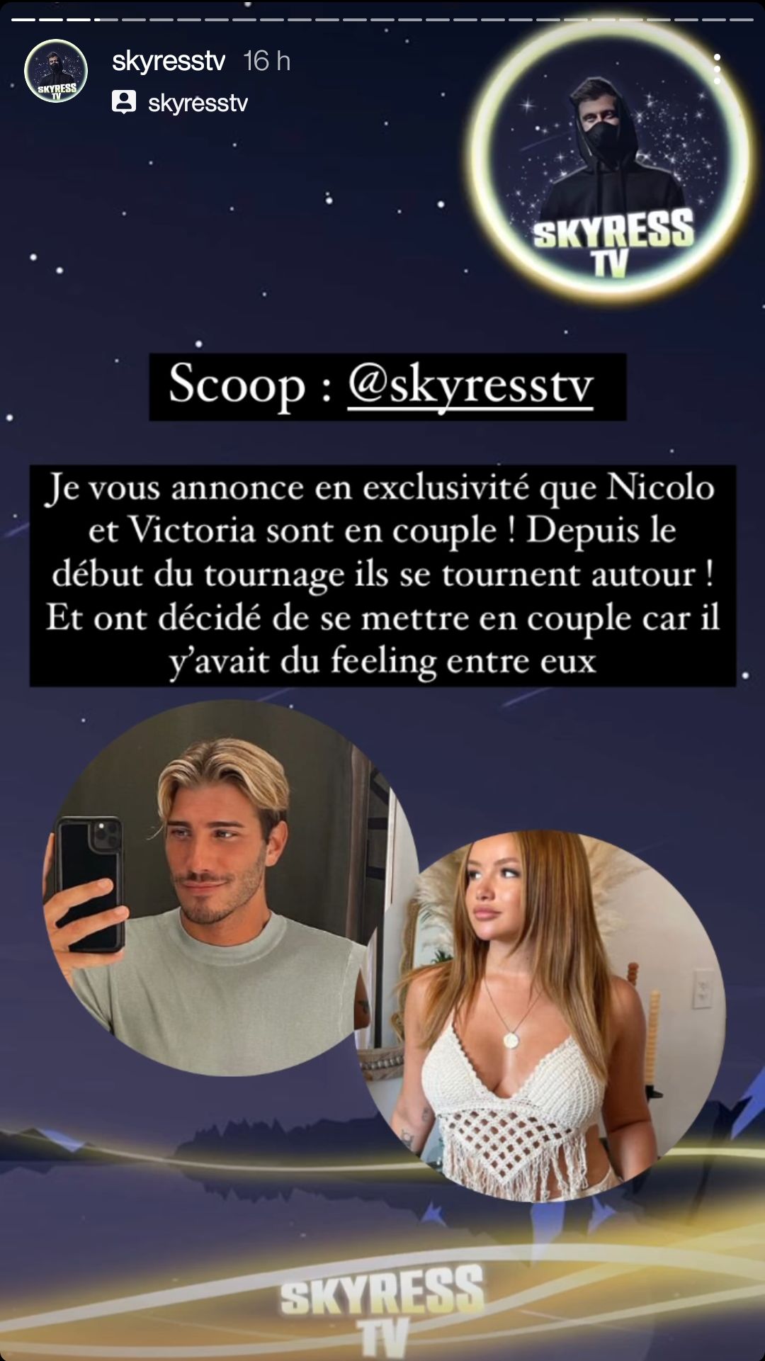  Le blogueur SkyressTV affirme que Victoria Mehault et Nicolo se sont mis en couple sur le tournage des Cinquante