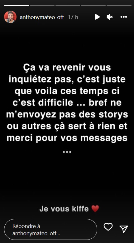 "C'est difficile" : Anthony Matéo sort du silence après l'annonce de sa rupture avec Romane