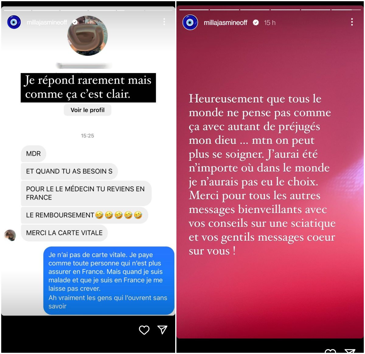  Milla Jasmine répond à une internaute l'accusant de profiter du système de santé français @Instagram