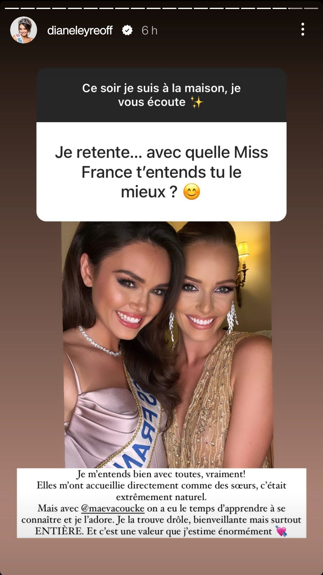  Diane Leyre dévoile sa Miss France préférée et il s'agit de Maeva Coucke @Instagram