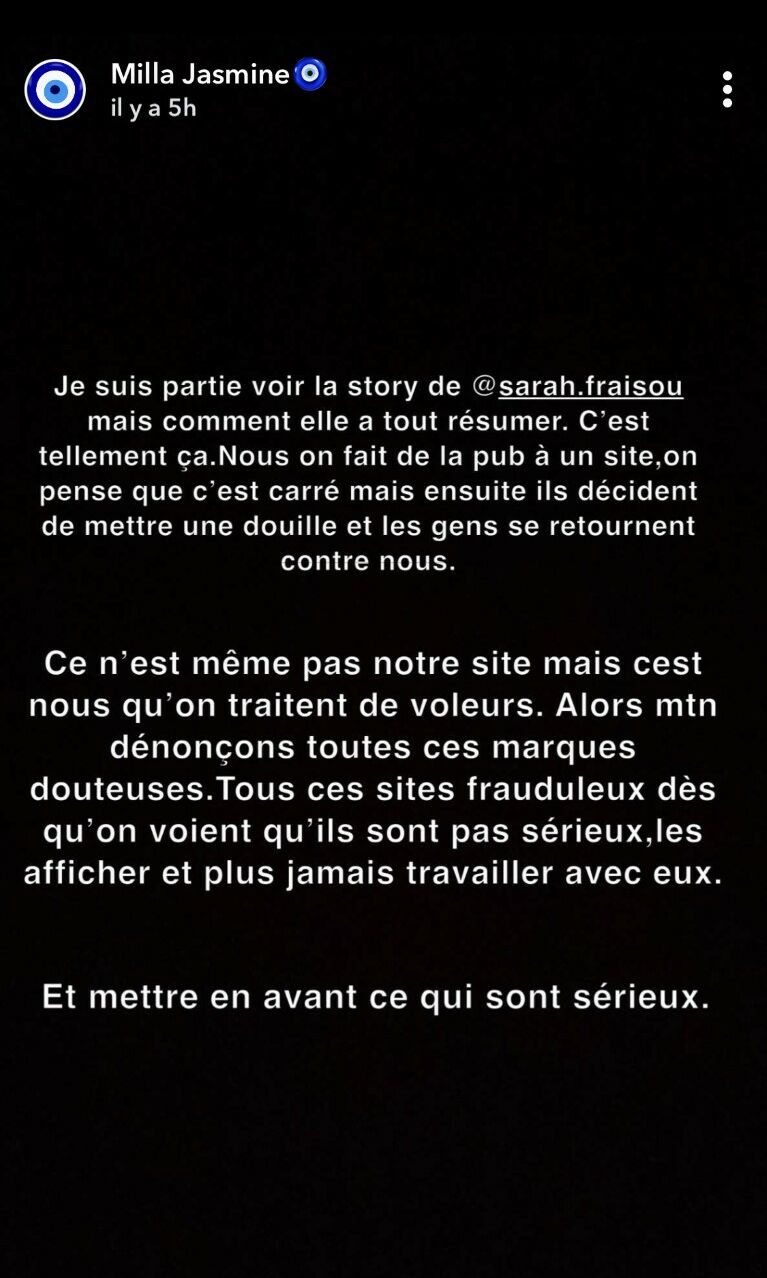  Milla Jasmine apporte son soutien à Sarah Fraisou @Instagram