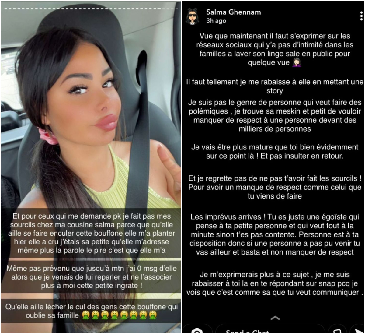 Maeva Ghennam s'emporte contre sa cousine qui réplique @Snapchat Maeva Ghennam s'emporte contre sa cousine qui réplique @Snapchat