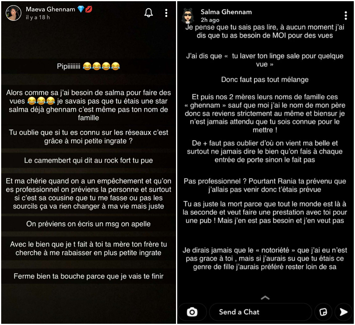 Maeva Ghennam s'emporte contre sa cousine qui réplique @Snapchat Maeva Ghennam s'emporte contre sa cousine qui réplique @Snapchat