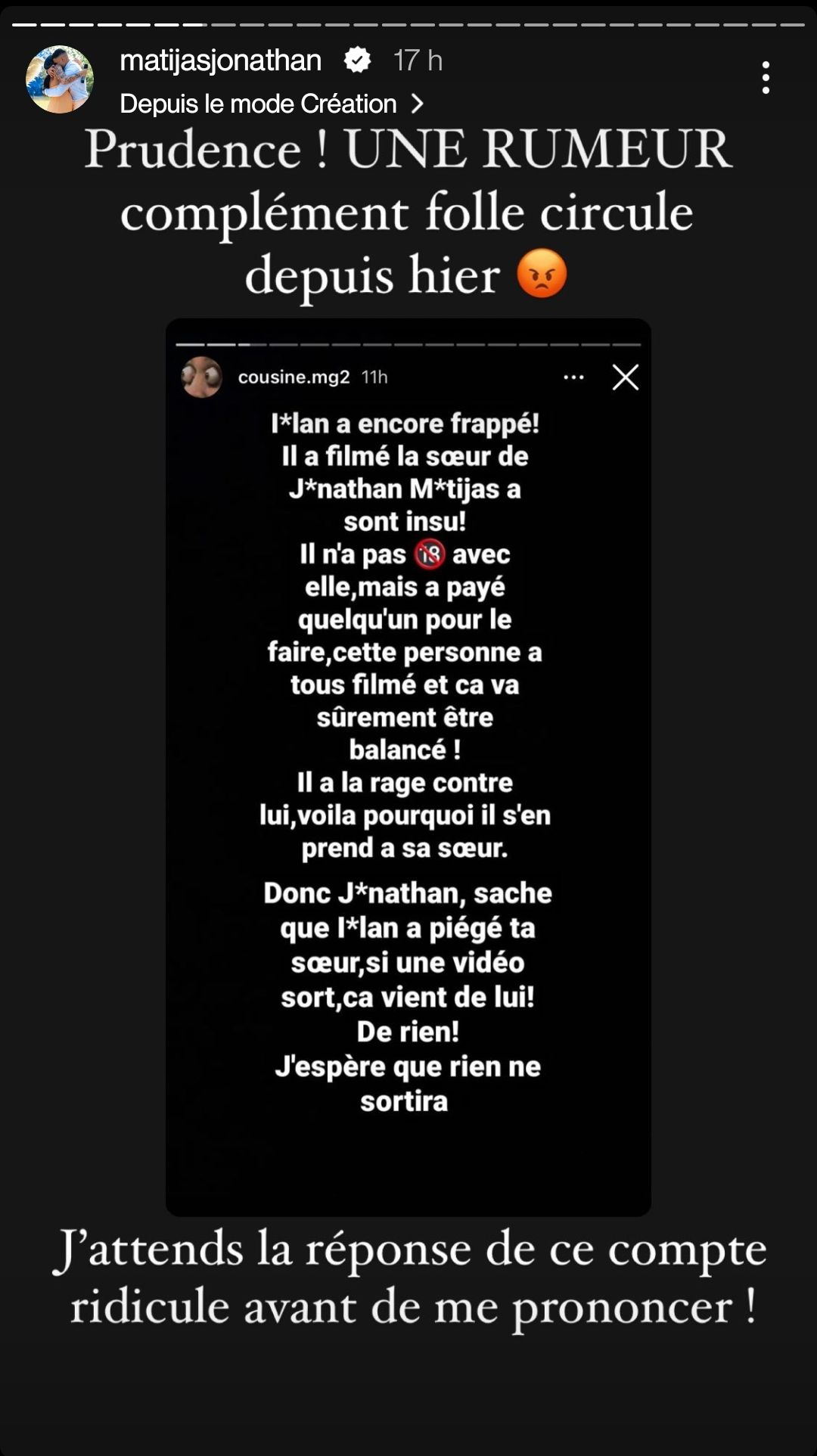  Jonathan Matijas parle d'une rumeur sur sa sœur @Instagram