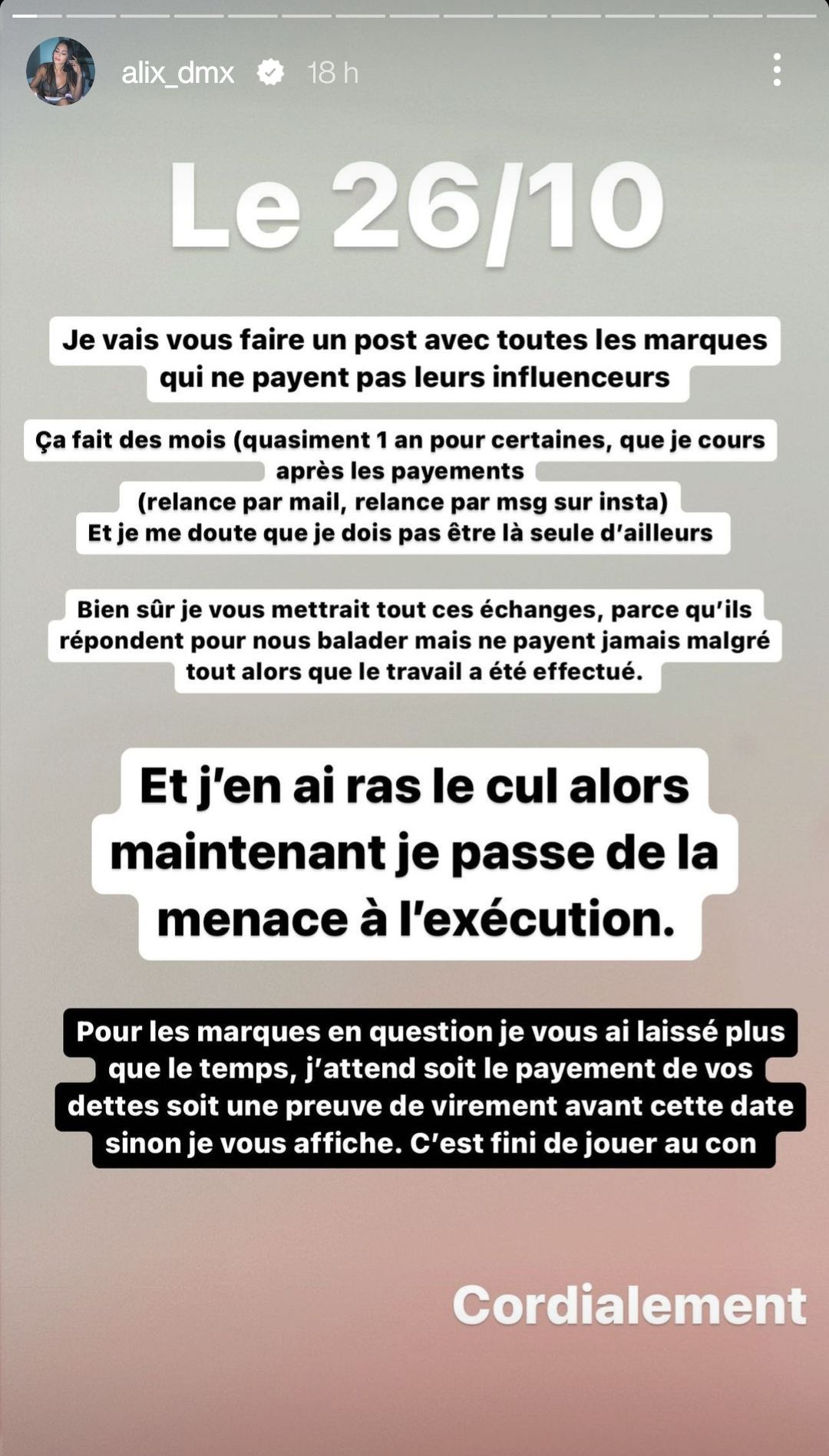 Alix Desmoineaux promet de balancer "les marques qui ne payent pas leurs influenceurs"