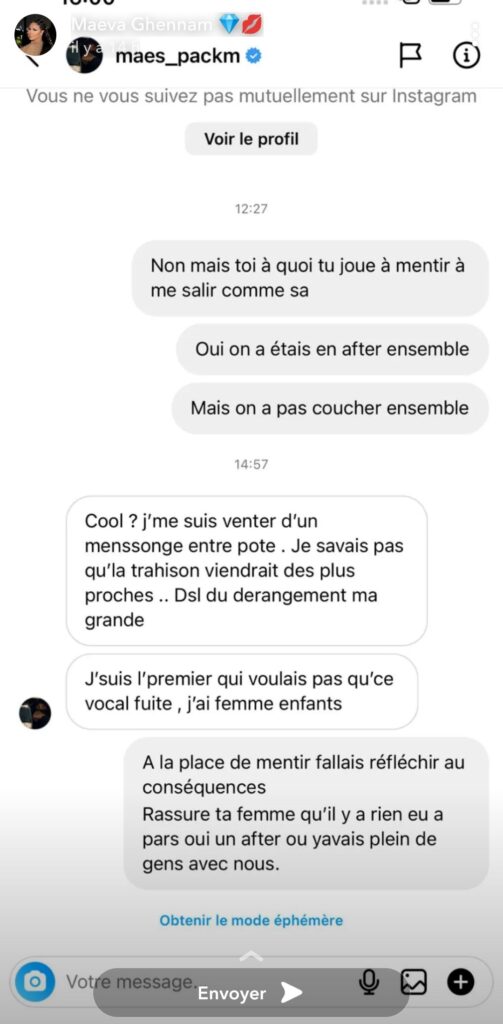 Maeva Ghennam balance sa conversation avec Maes @Instagram