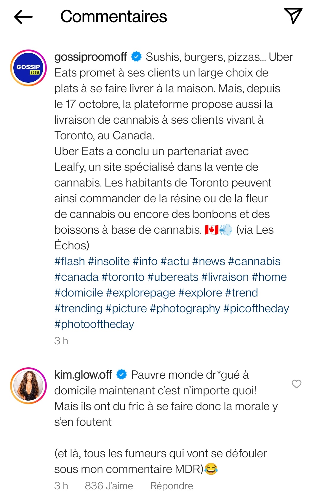 Kim Glow s'emporte contre Uber Eats qui livre du cannabis : "Pauvre monde drogué à domicile"