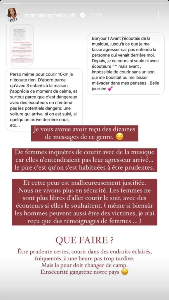 Marine Lorphelin triste de constater que les femmes ont peur de courir avec des écouteurs @Instagram