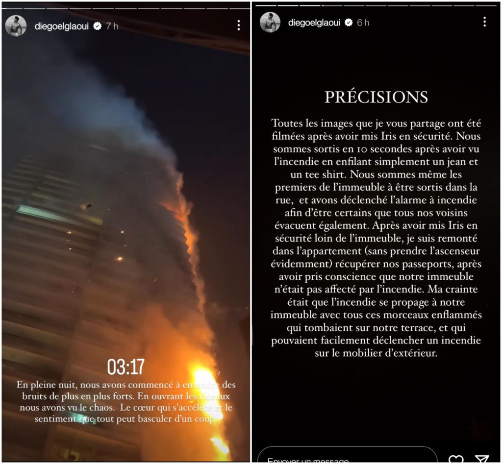 Diego El Glaoui partage des images impressionnantes de l'incendie de l'immeuble d'en face @Instagram