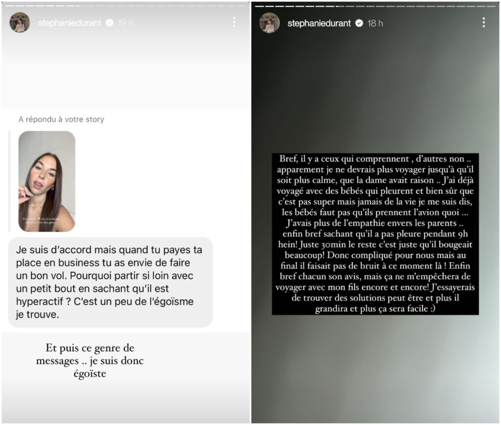 Stéphanie Durant répond aux critiques sur son voyage en avion avec son fils de un an @Instagram